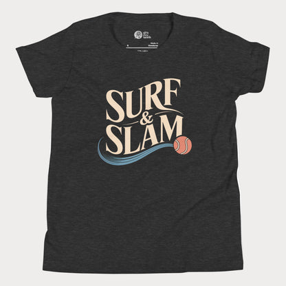 Surf & Slam tennis t-shirt with wave accent and tennis ball inspired by Australian summer