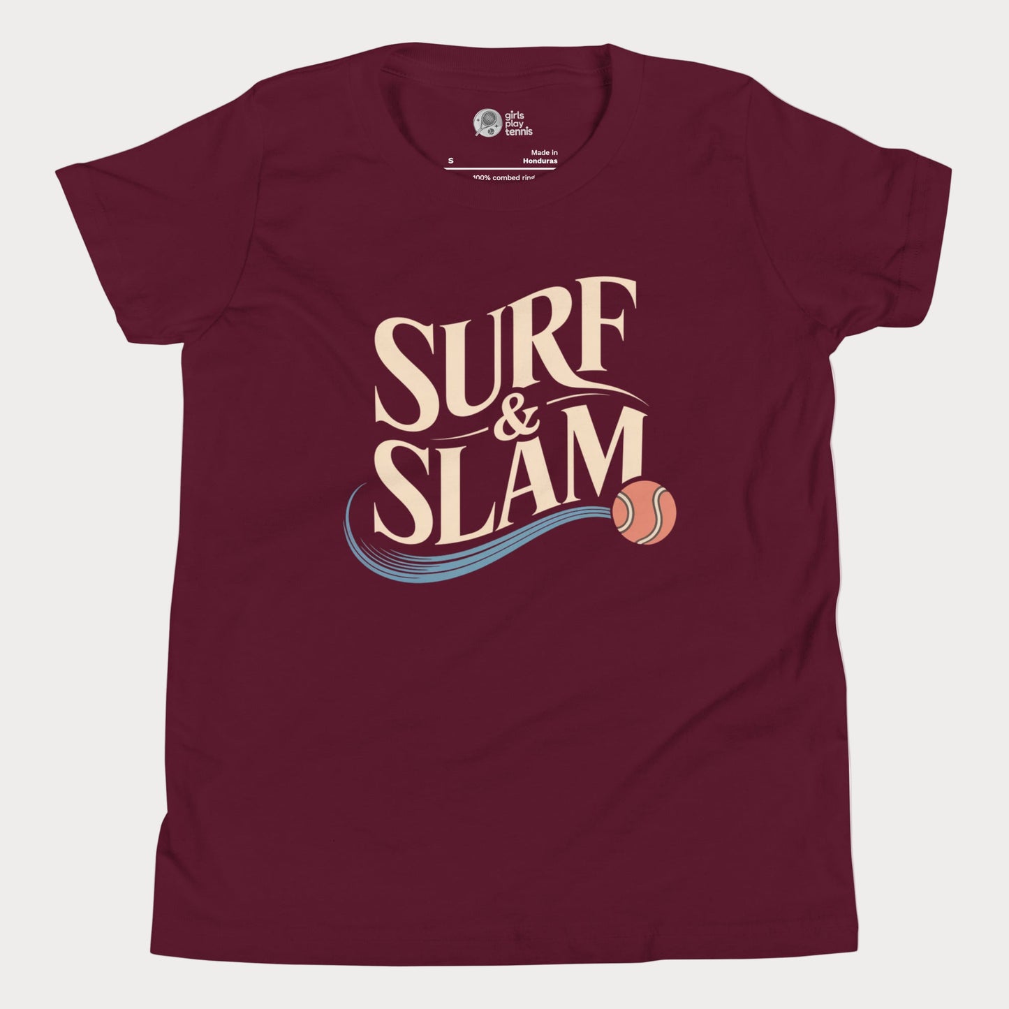 Surf & Slam tennis t-shirt with wave accent and tennis ball inspired by Australian summer