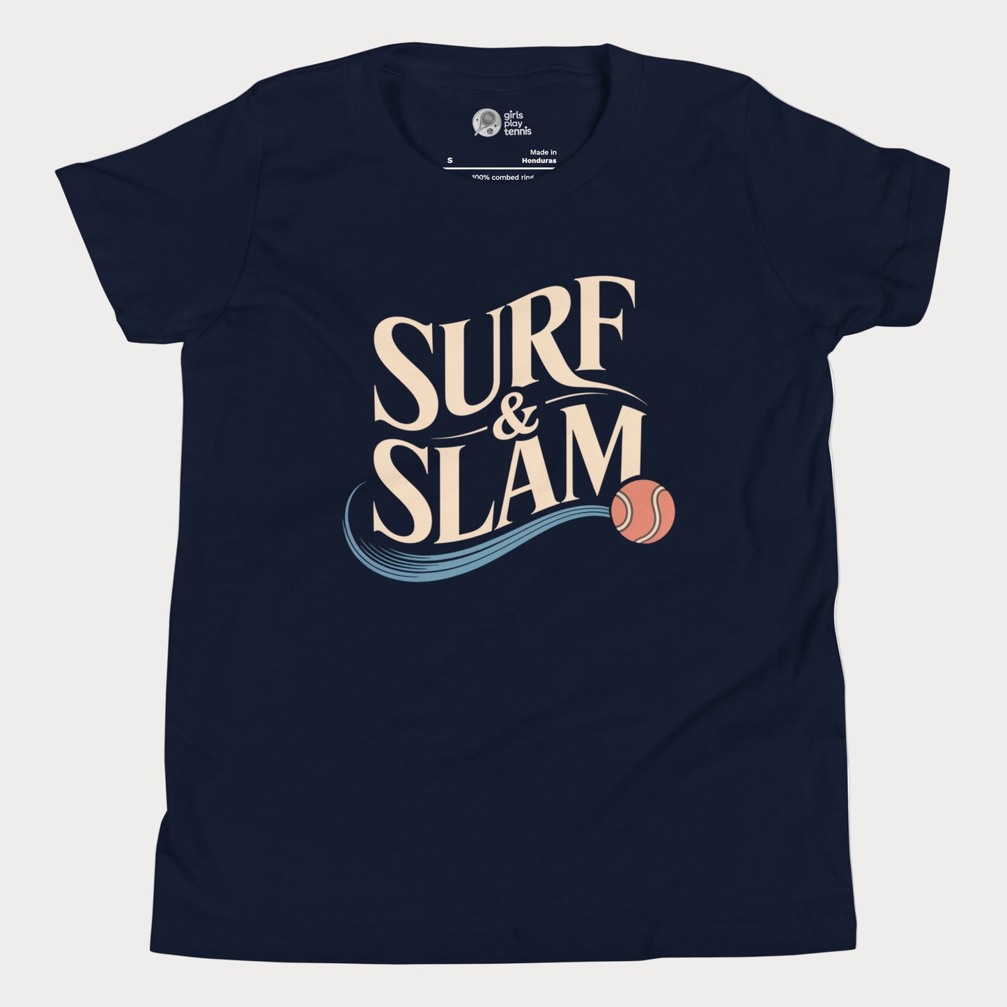 Surf & Slam tennis t-shirt with wave accent and tennis ball inspired by Australian summer.