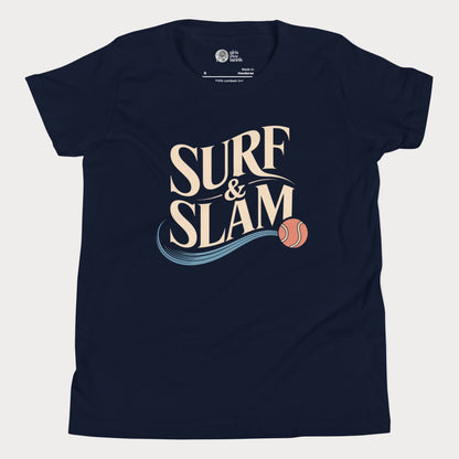 Surf & Slam tennis t-shirt with wave accent and tennis ball inspired by Australian summer.