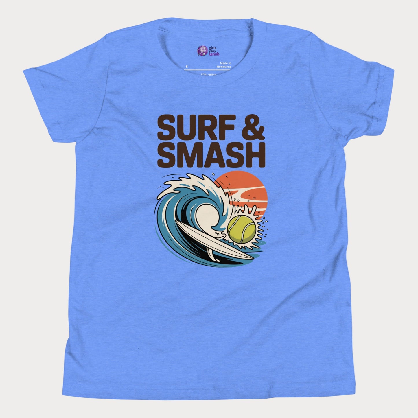 Surf & Smash tennis t-shirt with wave and tennis ball illustration inspired by Australian summer
