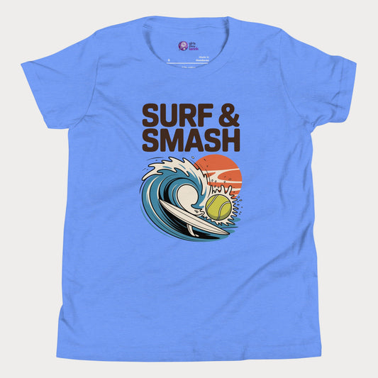 Surf & Smash tennis t-shirt with wave and tennis ball illustration inspired by Australian summer