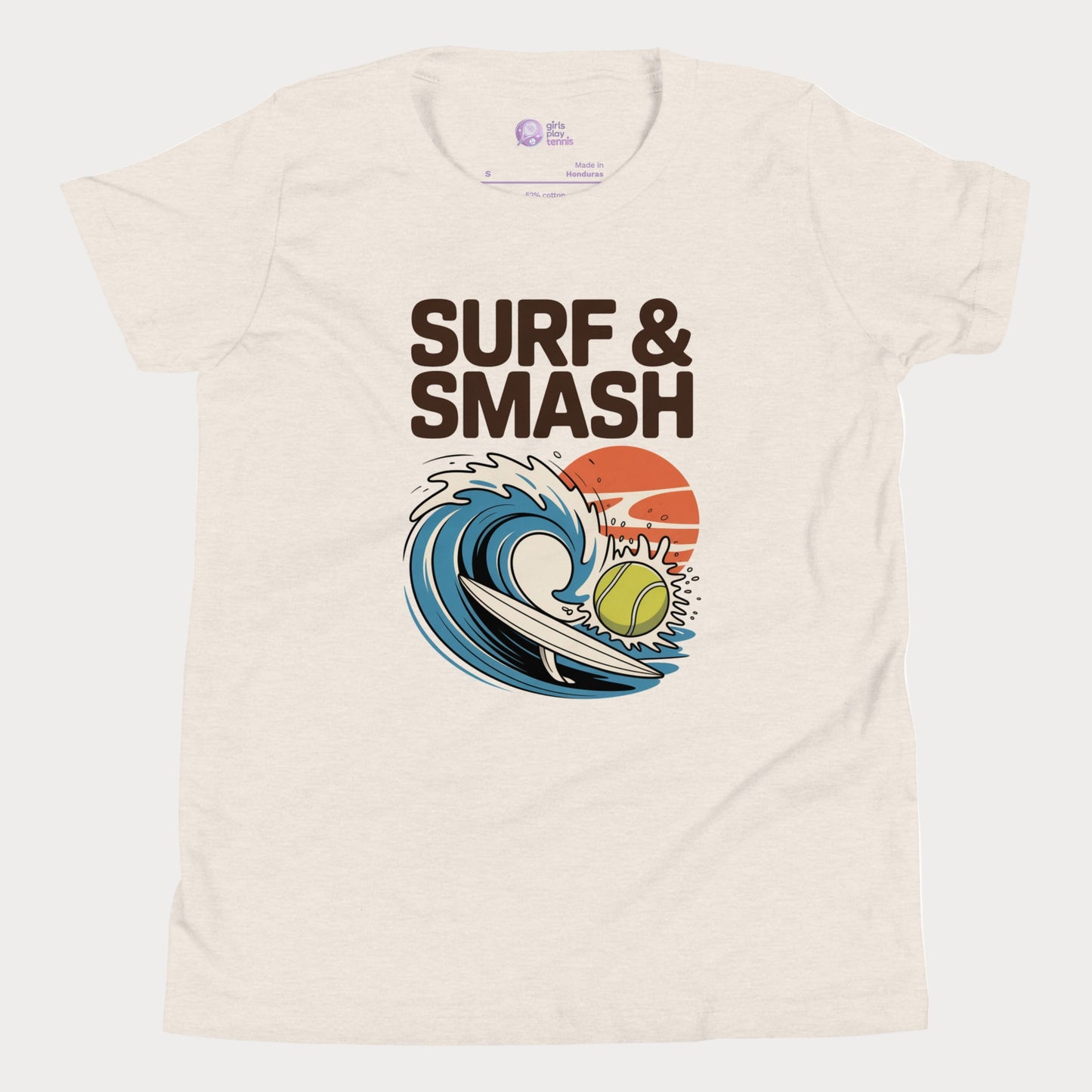 Surf & Smash tennis t-shirt with wave and tennis ball illustration inspired by Australian summer.