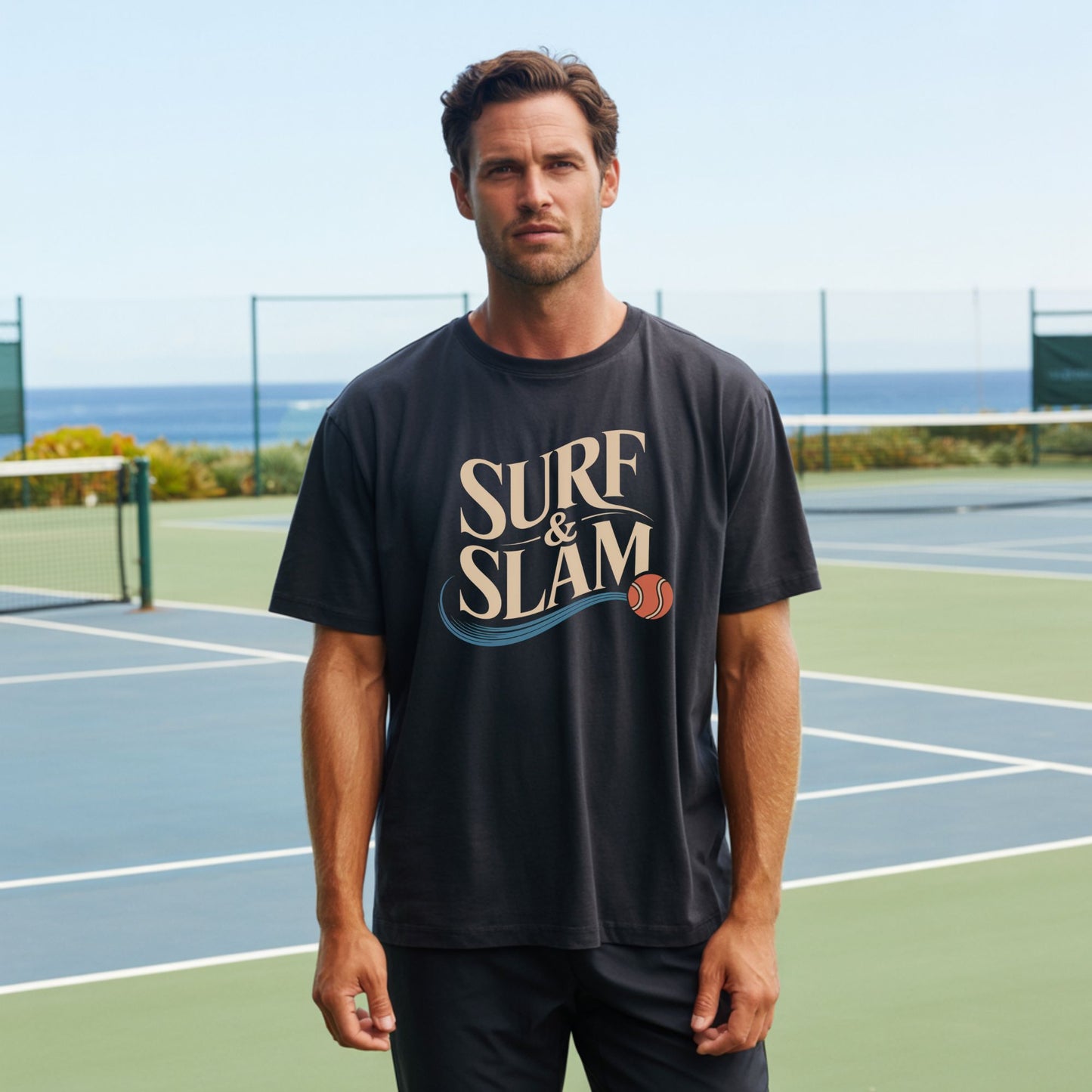 Men standing on a tennis court near a beach and wearing a Surf & Slam black tennis t-shirt with wave accent and tennis ball inspired by Australian summer.