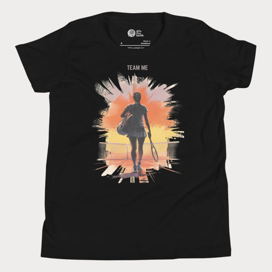 Black girls tennis t-shirt with a silhouette of a young player walking onto a sunset-lit court and the slogan "TEAM ME" above.
