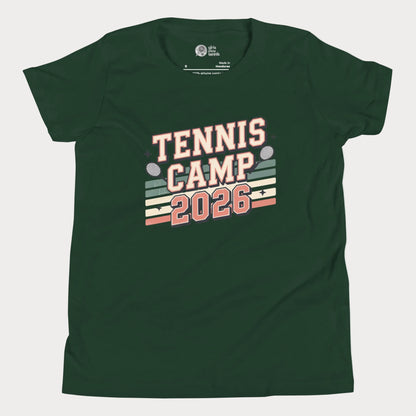 Forest green Tennis Camp 2026 vintage-inspired summer tennis camp t-shirt for kids
