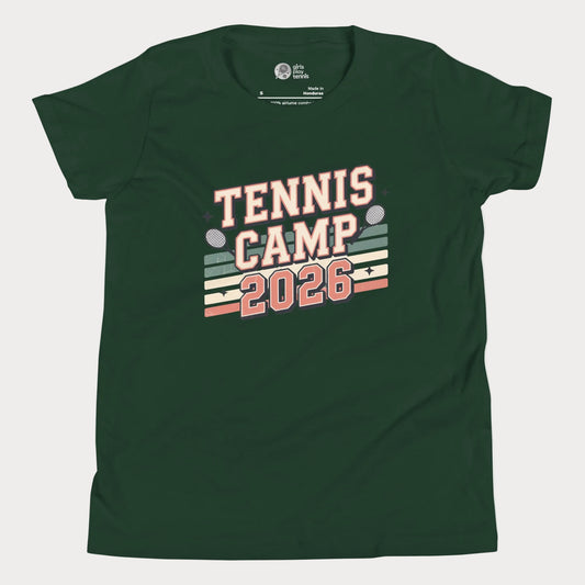 Forest green Tennis Camp 2026 vintage-inspired summer tennis camp t-shirt for kids