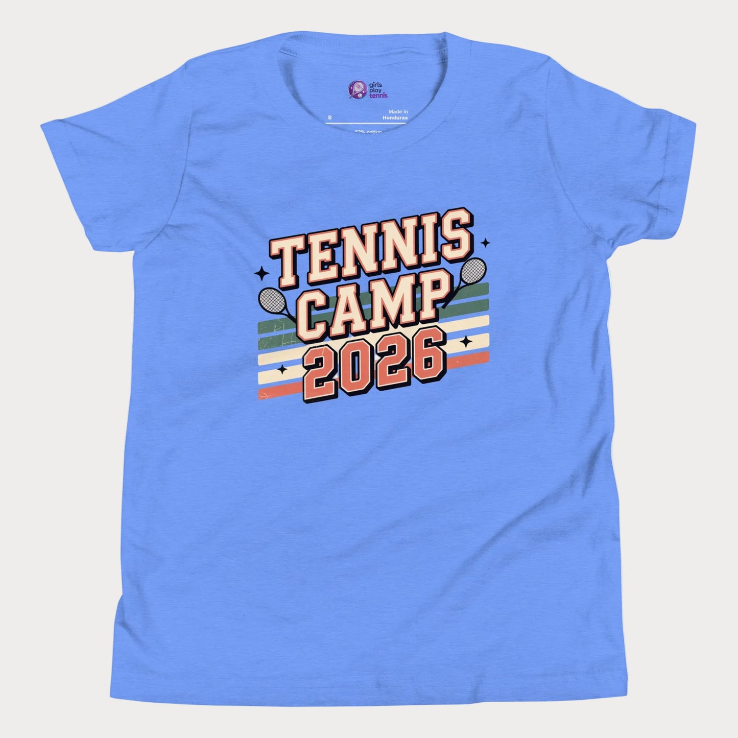 Heather blue Tennis Camp 2026 vintage-inspired summer tennis camp t-shirt for kids