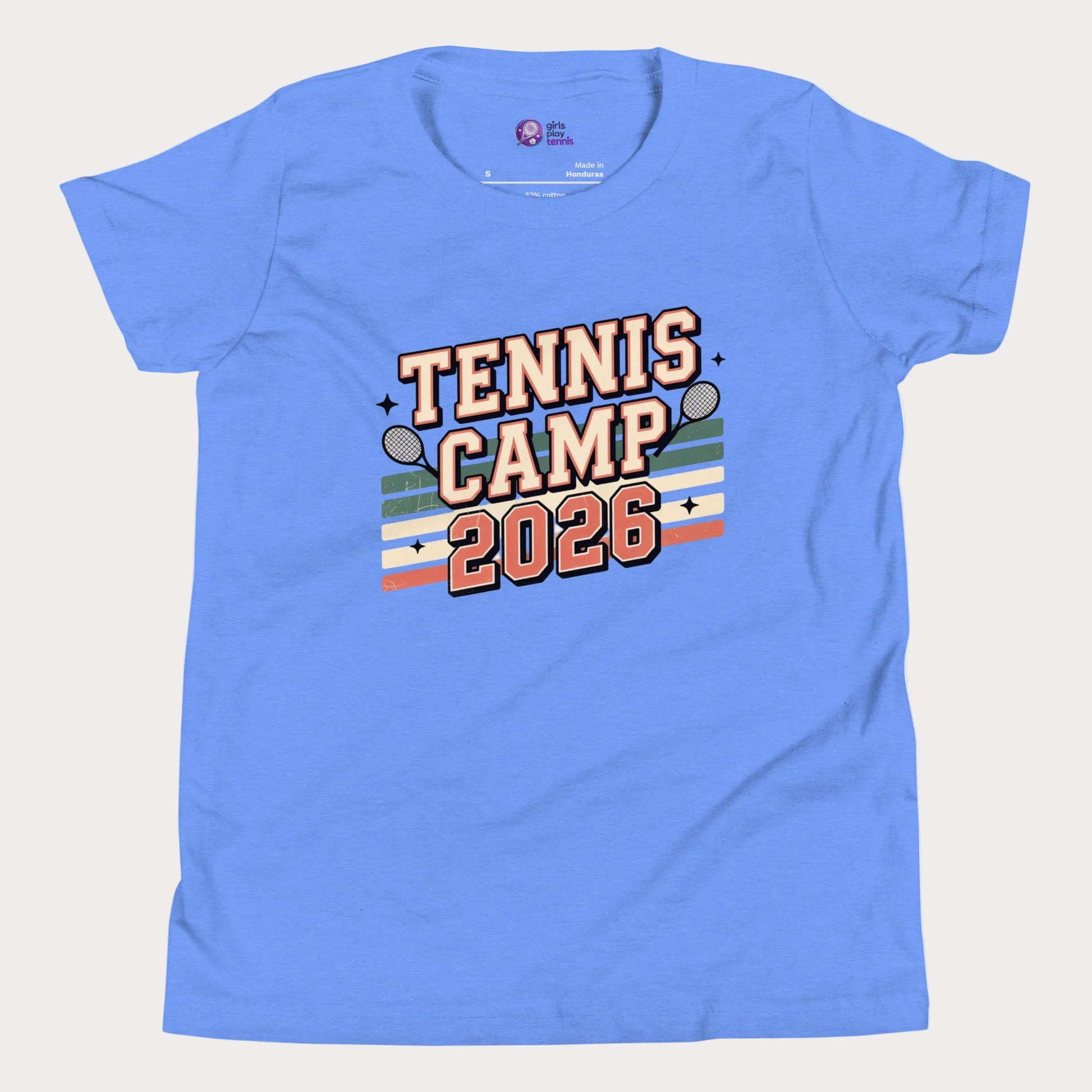 Heather blue Tennis Camp 2026 vintage-inspired summer tennis camp t-shirt for kids