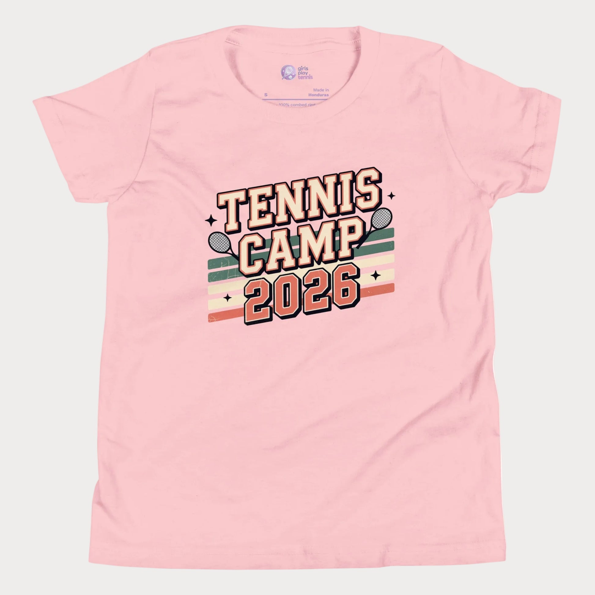 Pink Tennis Camp 2026 vintage-inspired summer tennis camp t-shirt for kids