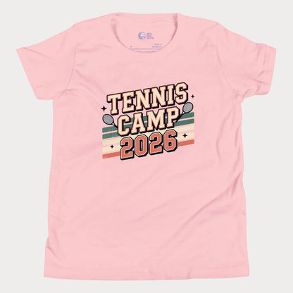 Pink Tennis Camp 2026 vintage-inspired summer tennis camp t-shirt for kids