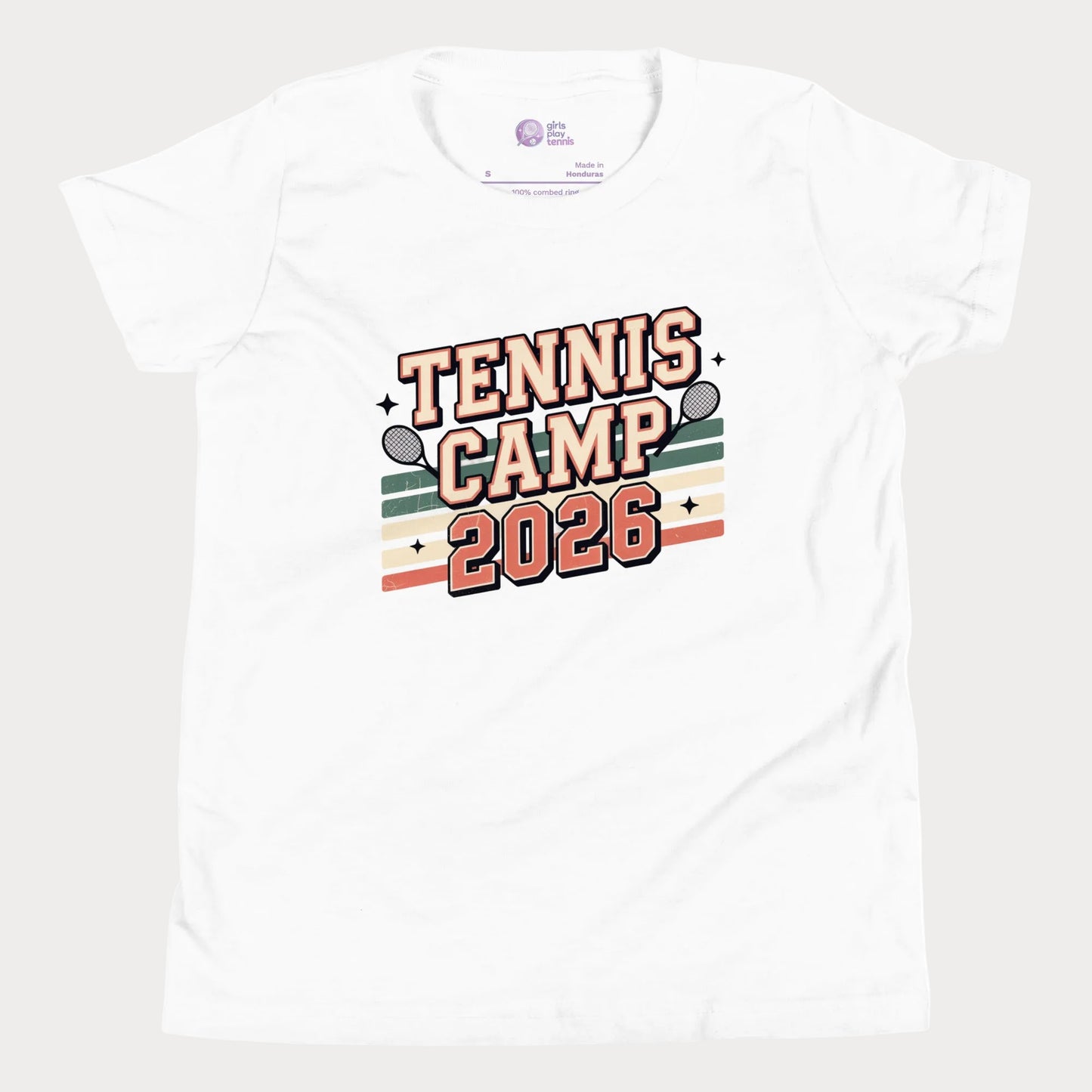 White Tennis Camp 2026 vintage-inspired summer tennis camp t-shirt for kids & youth