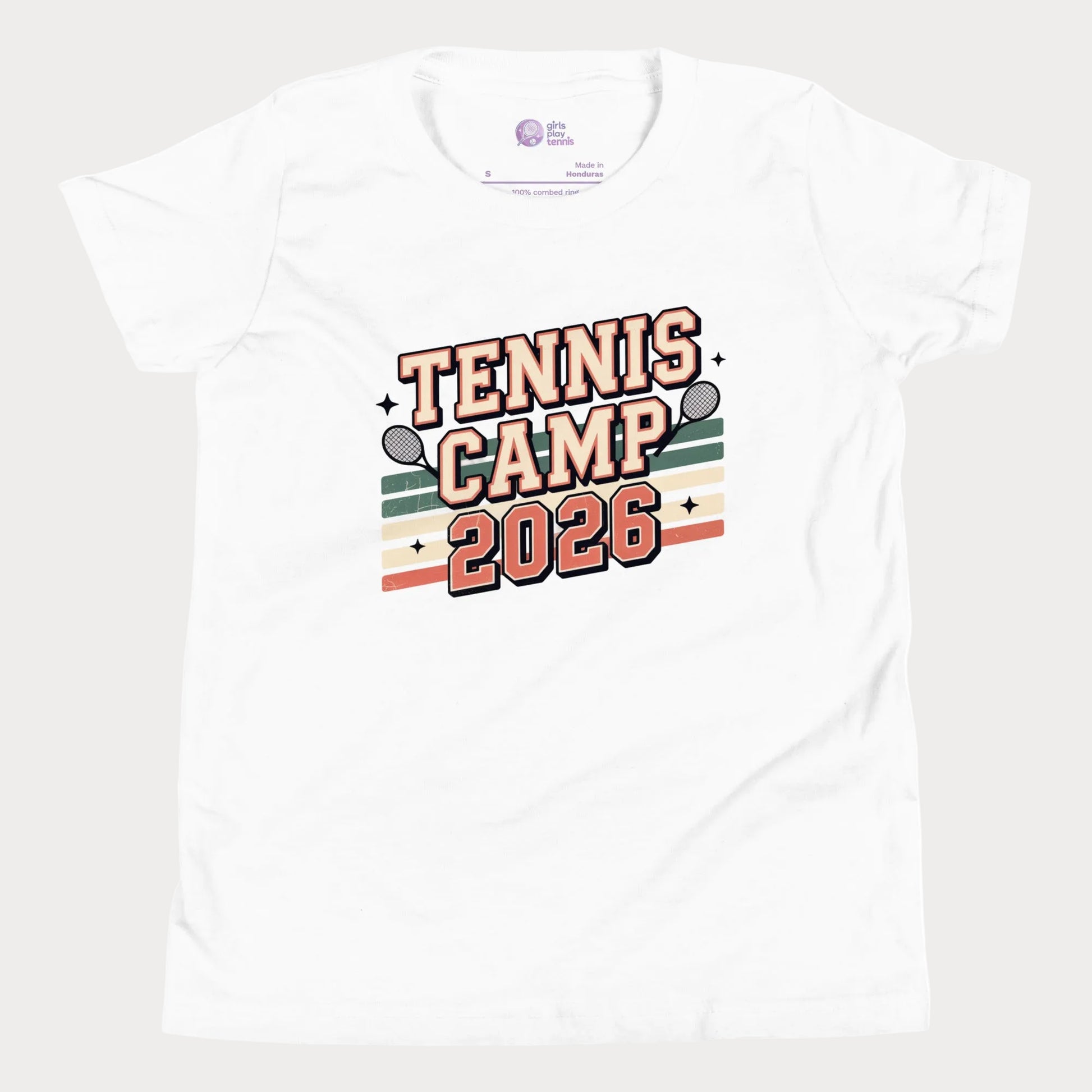 White Tennis Camp 2026 vintage-inspired summer tennis camp t-shirt for kids & youth