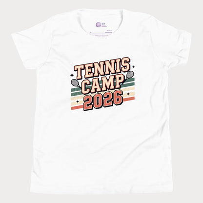 White Tennis Camp 2026 vintage-inspired summer tennis camp t-shirt for kids & youth