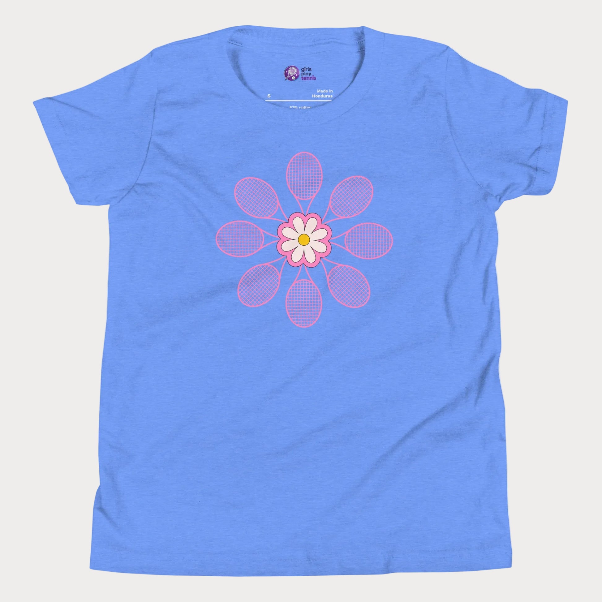 Blue tennis t-shirt with daisy flower and racket design, girls and women’s tennis apparel
