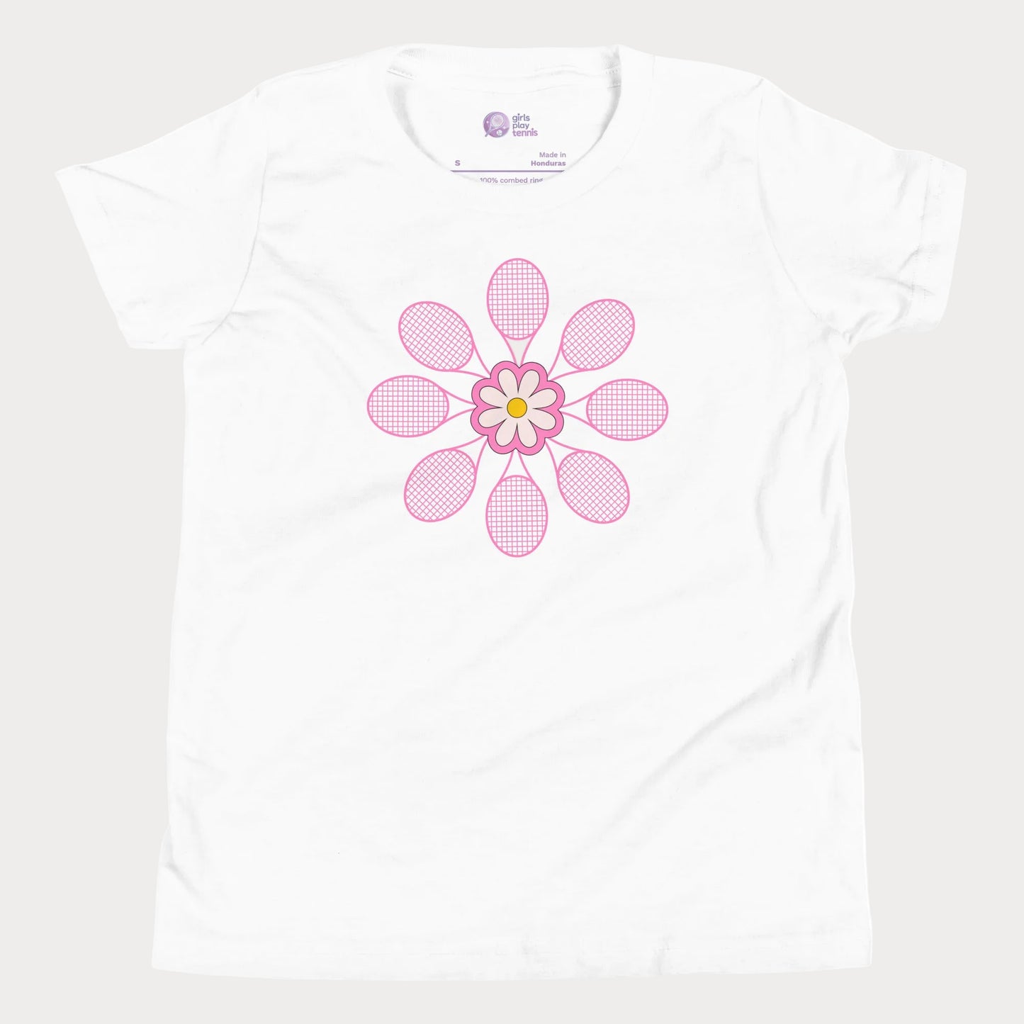White tennis t-shirt with daisy flower and racket design, girls and women’s tennis apparel