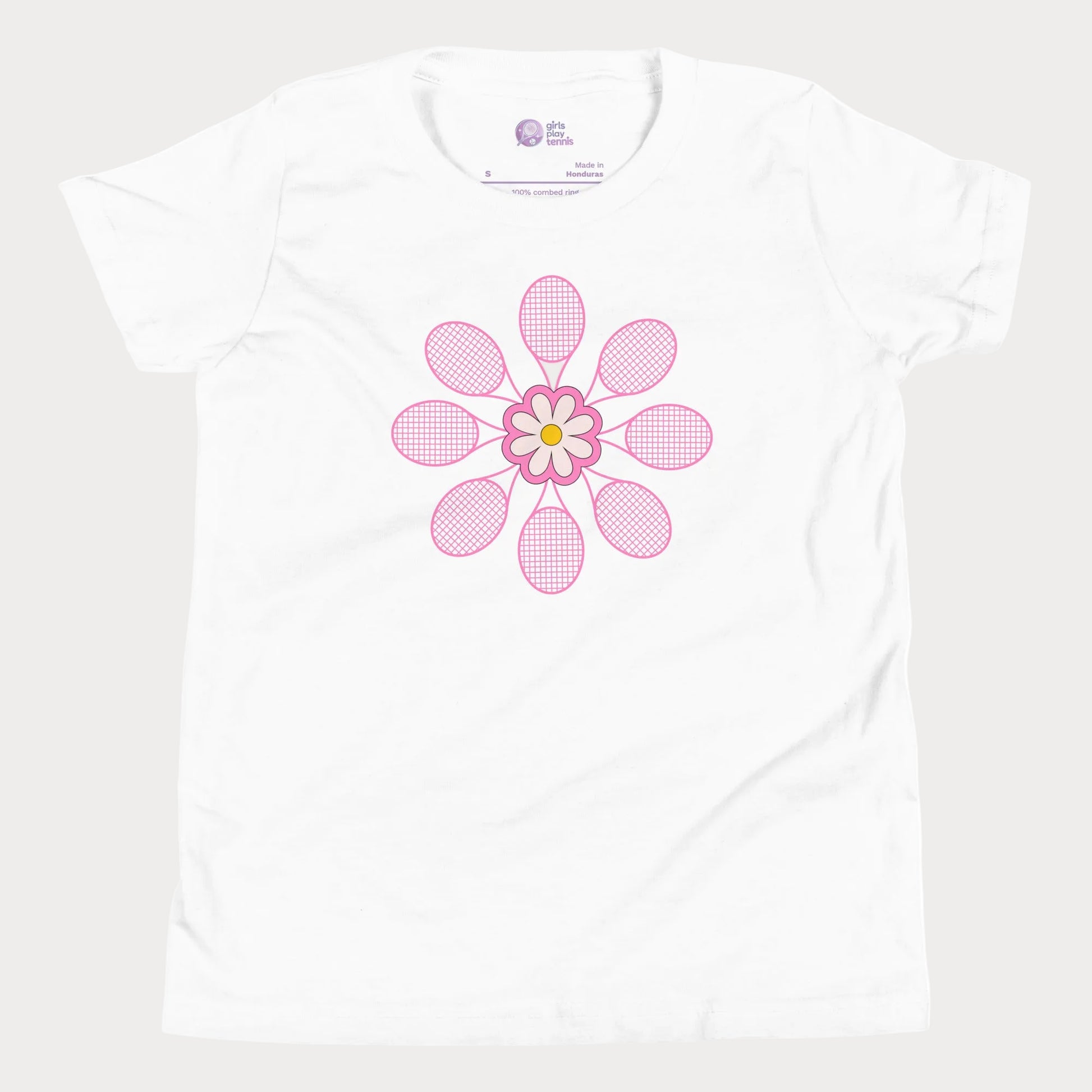 White tennis t-shirt with daisy flower and racket design, girls and women’s tennis apparel