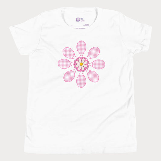 White tennis t-shirt with daisy flower and racket design, girls and women’s tennis apparel