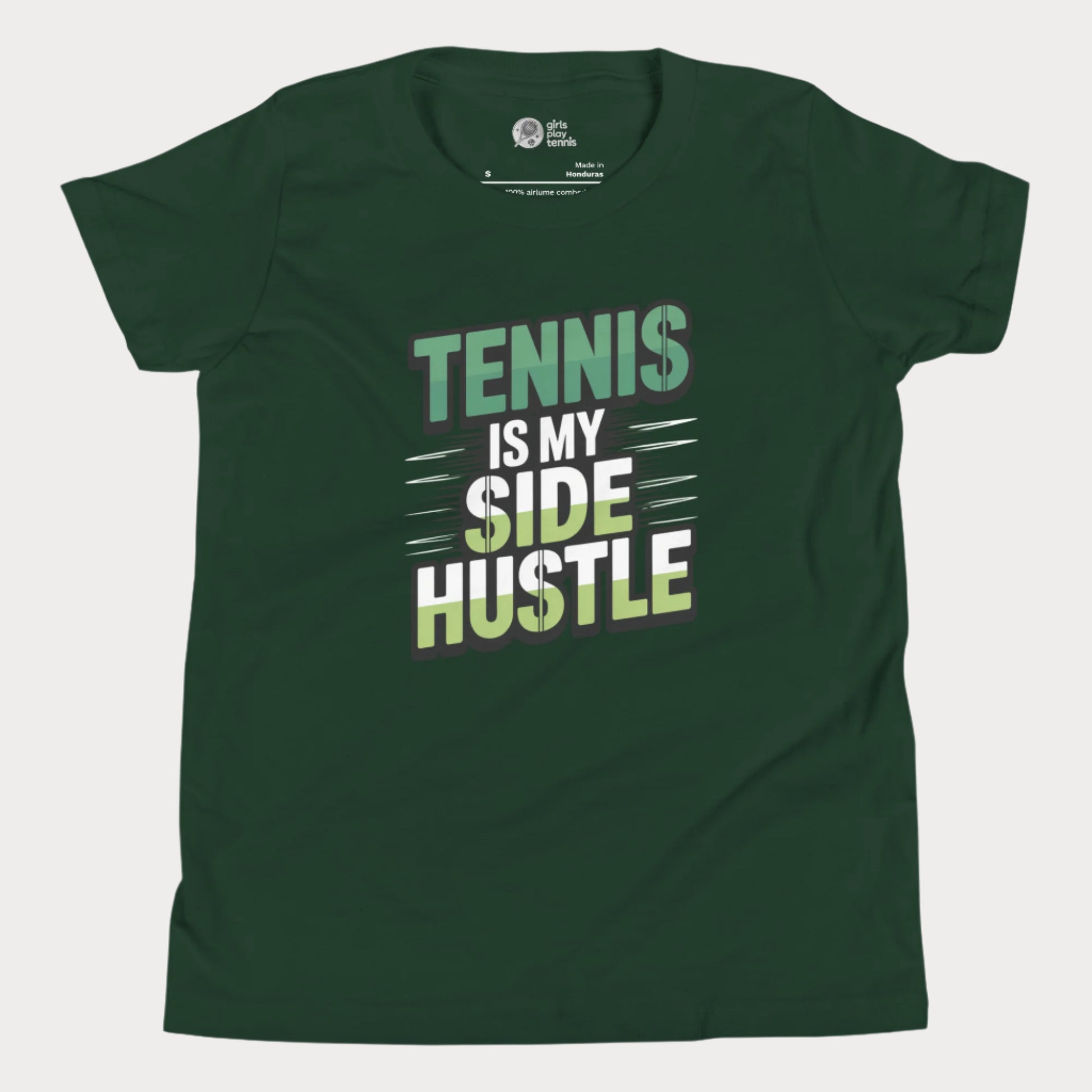 Girls tennis t-shirt with 'Tennis Is My Side Hustle' slogan, celebrating hustle and grit during hard court season.