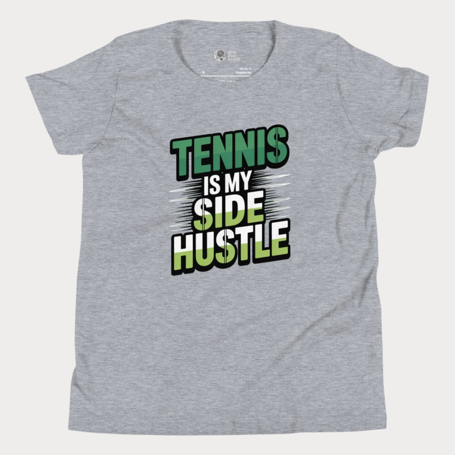 Girls tennis t-shirt with 'Tennis Is My Side Hustle' slogan, celebrating hustle and grit during hard court season.