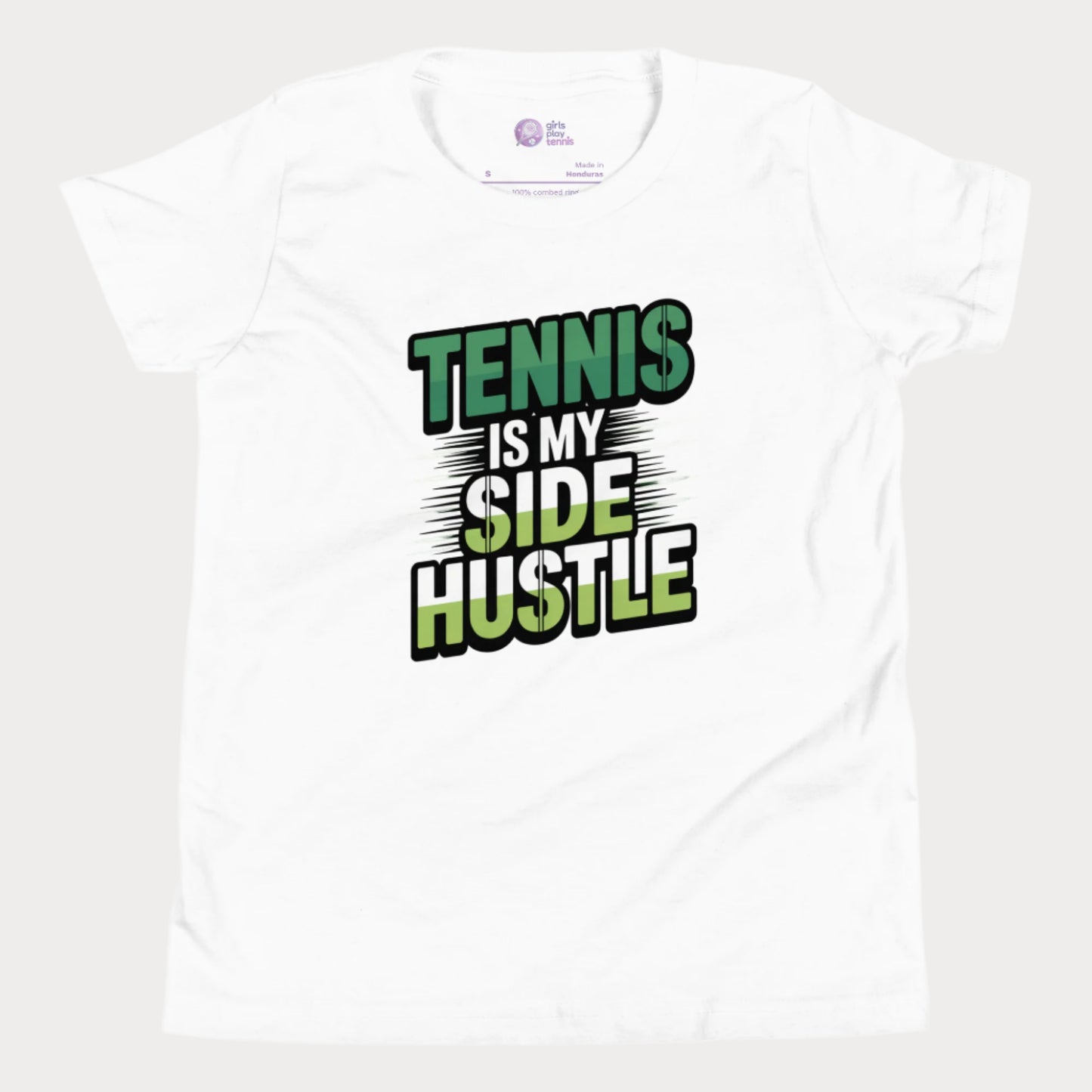 Girls tennis t-shirt with 'Tennis Is My Side Hustle' slogan, celebrating hustle and grit during hard court season.
