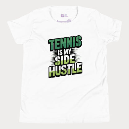 Girls tennis t-shirt with 'Tennis Is My Side Hustle' slogan, celebrating hustle and grit during hard court season.