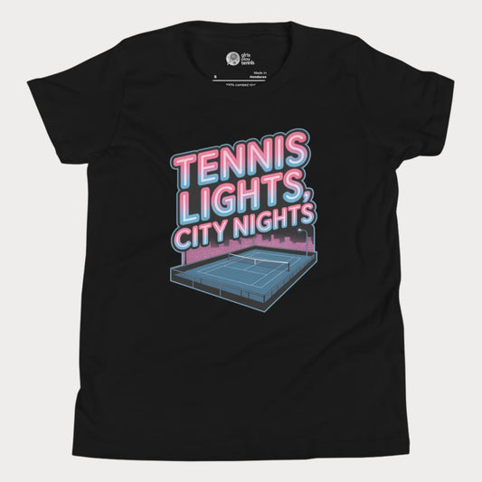 Girls Play Tennis neon Tennis Lights City Nights t-shirt with hard court design, US hard court season girls tennis shirt