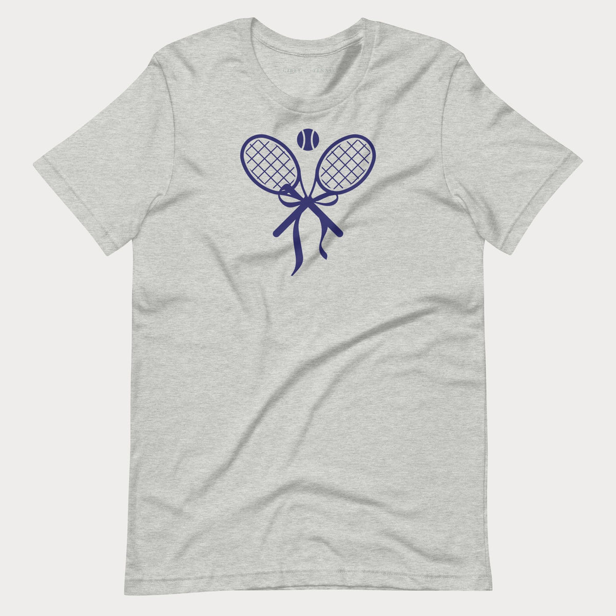 Athletic heather gray women's tennis t-shirt with a crossed tennis racket bow graphic on the chest