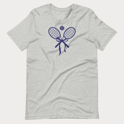 Athletic heather gray women's tennis t-shirt with a crossed tennis racket bow graphic on the chest
