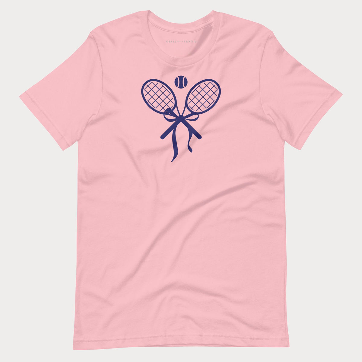 Pink women's tennis t-shirt with a crossed tennis racket bow graphic on the chest