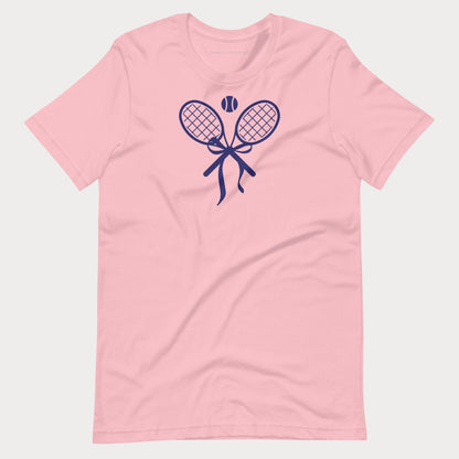 Pink women's tennis t-shirt with a crossed tennis racket bow graphic on the chest