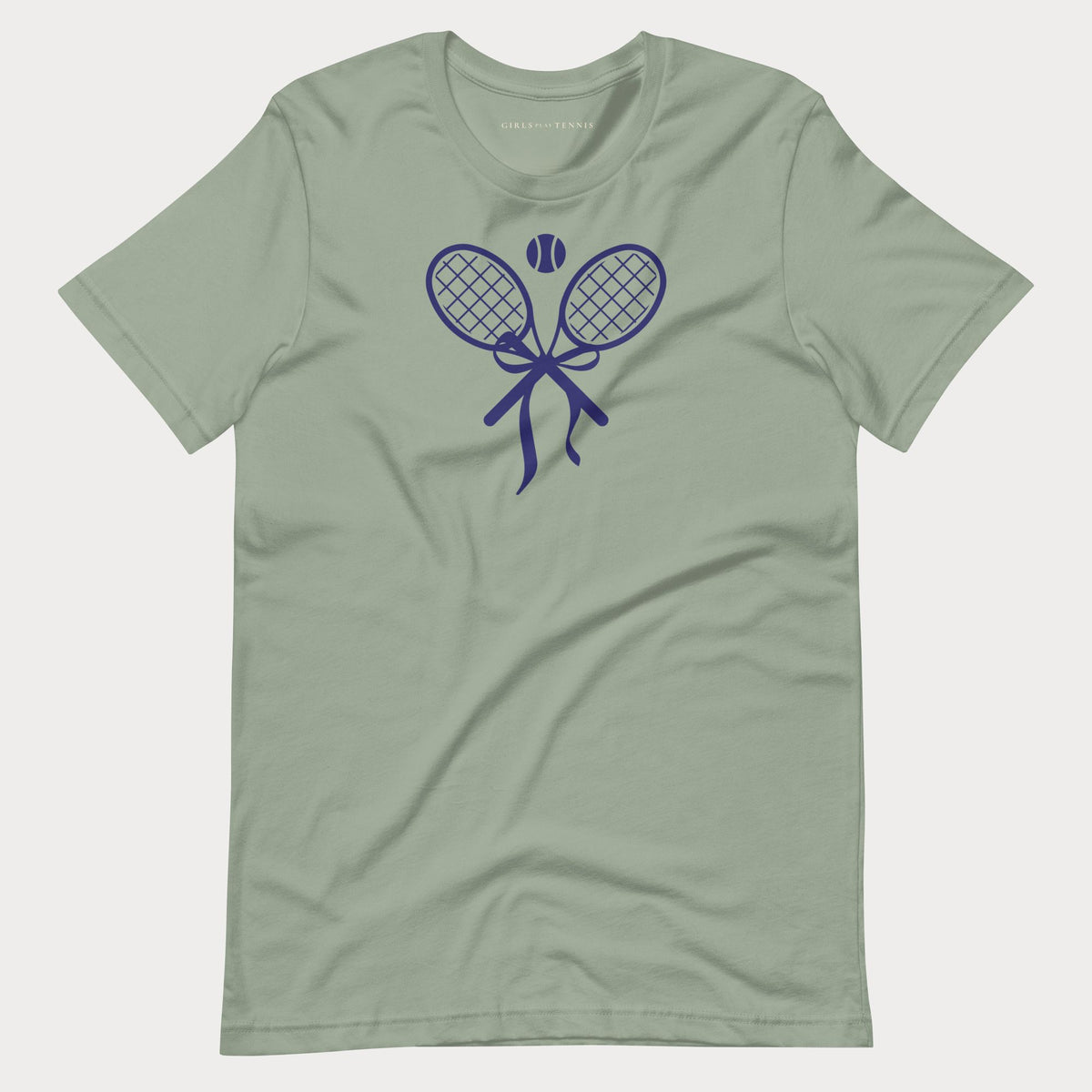 Sage green women's tennis t-shirt with a crossed tennis racket bow graphic on the chest