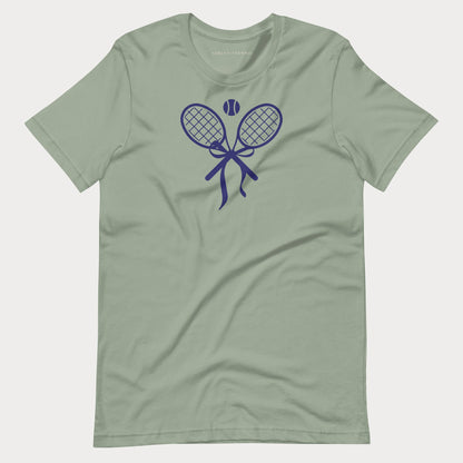 Sage green women's tennis t-shirt with a crossed tennis racket bow graphic on the chest