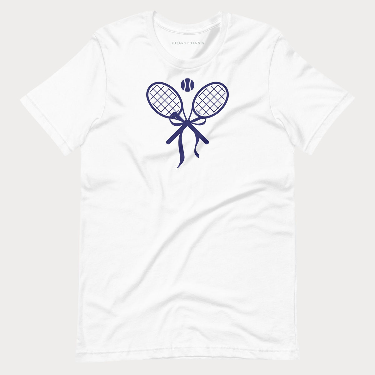 White women's tennis t-shirt with a crossed tennis racket bow graphic on the chest