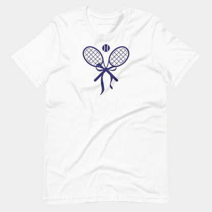 White women's tennis t-shirt with a crossed tennis racket bow graphic on the chest