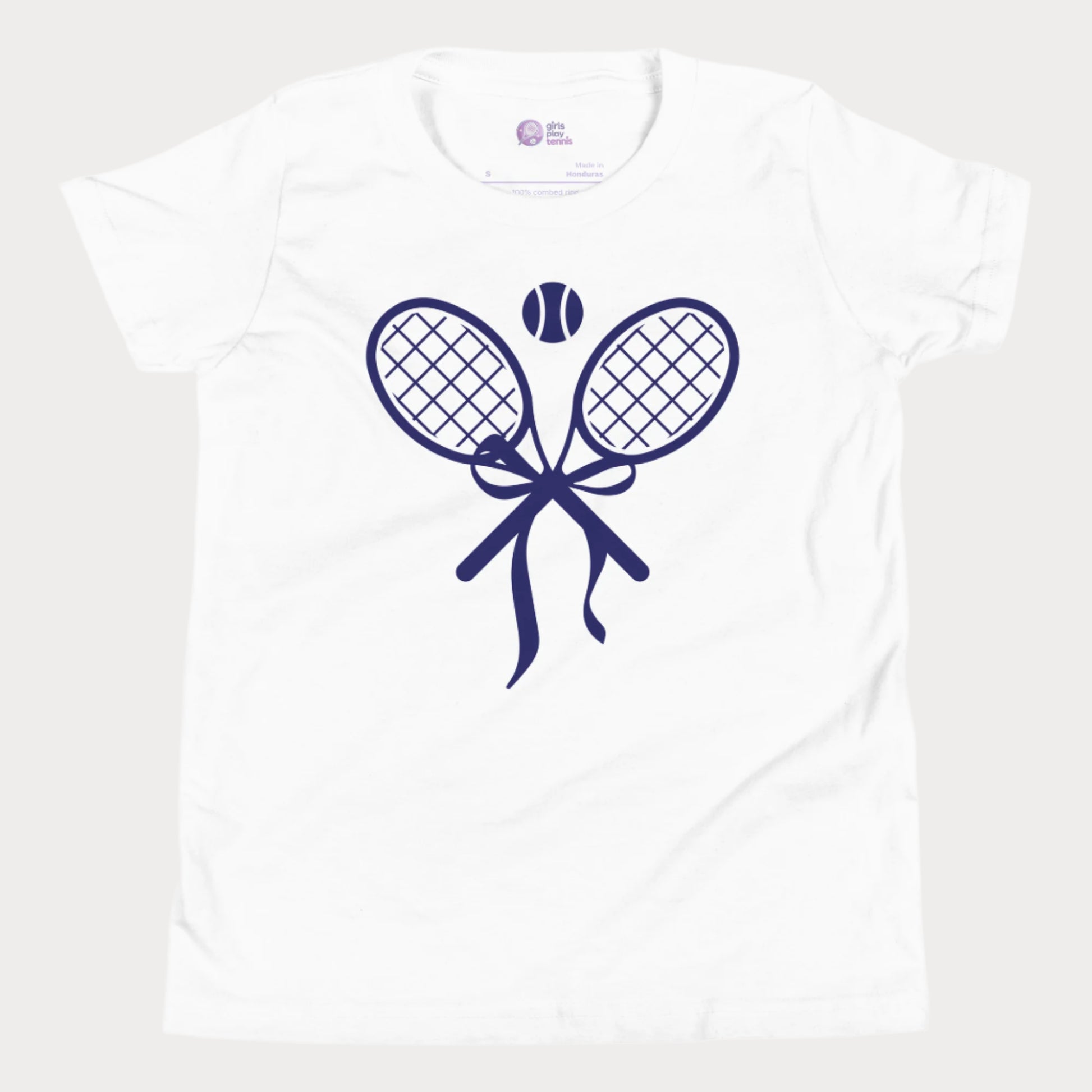 Girls and women’s tennis racket bow t-shirt in white featuring crossed rackets tied in a bow design, inspired by tennis style and everyday wear
