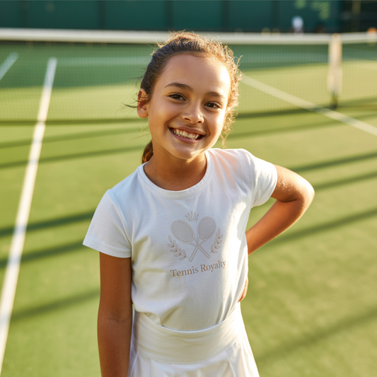 Young girl standing on a grass tennis court and wearing a kids’ T-shirt with elegant Tennis Royalty slogan and crossed racket crest design for girls who love tennis.