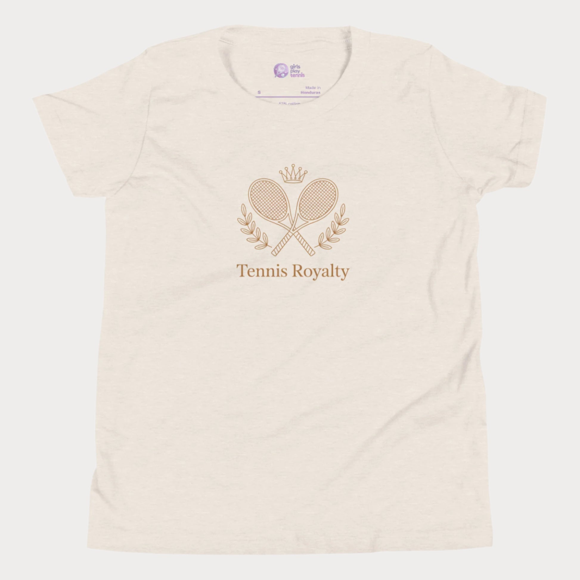 Kids’ T-shirt with elegant Tennis Royalty slogan and crossed racket crest design for girls who love tennis.