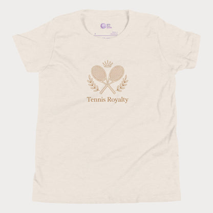 Kids’ T-shirt with elegant Tennis Royalty slogan and crossed racket crest design for girls who love tennis.