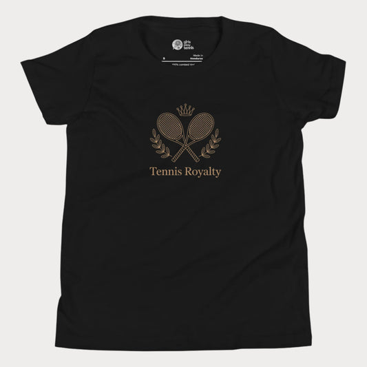 Kids’ T-shirt with elegant Tennis Royalty slogan and crossed racket crest design for girls who love tennis.