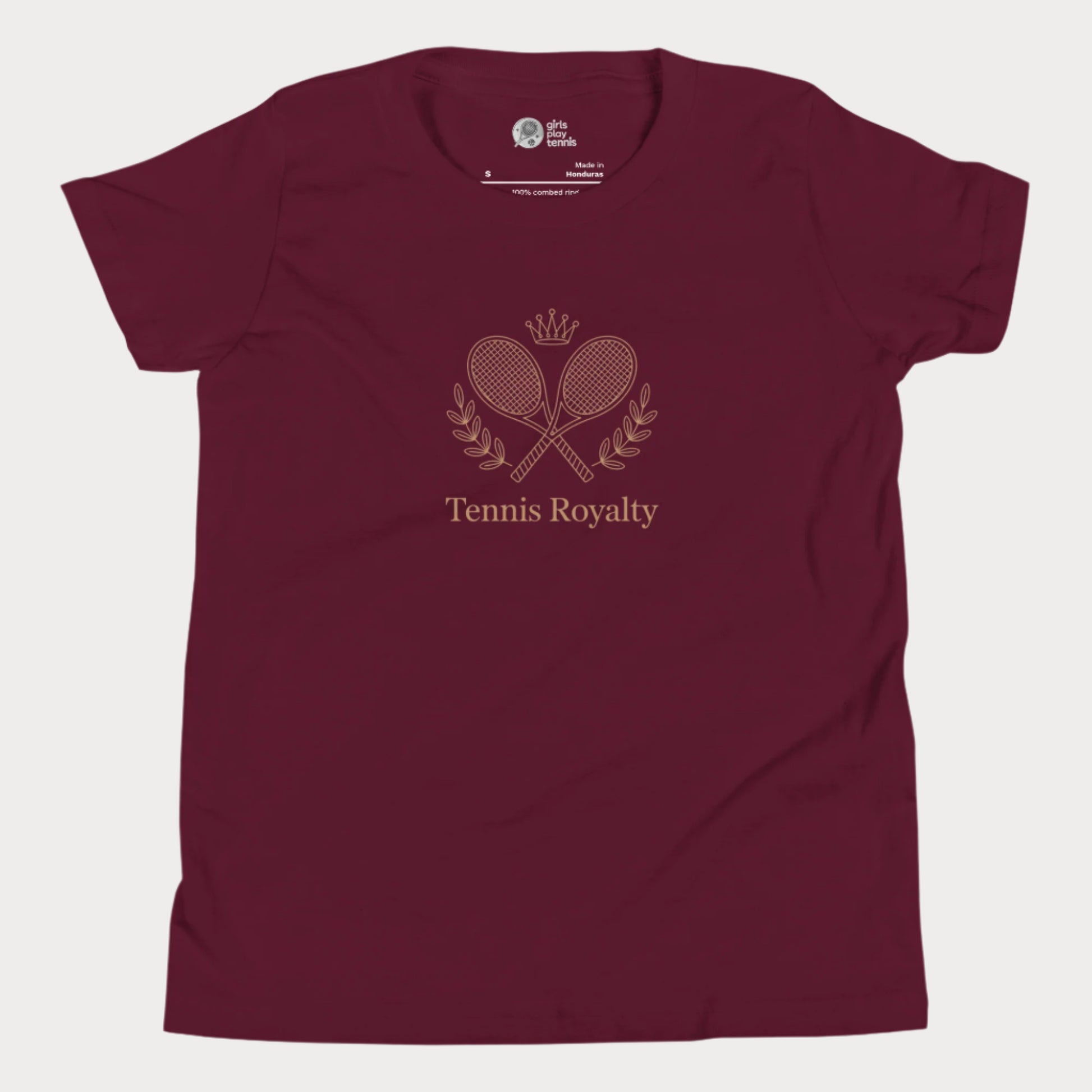 Kids’ T-shirt with elegant Tennis Royalty slogan and crossed racket crest design for girls who love tennis.