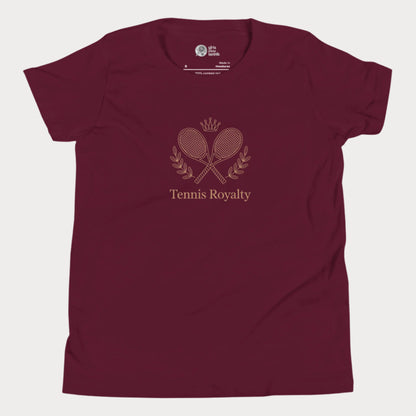 Kids’ T-shirt with elegant Tennis Royalty slogan and crossed racket crest design for girls who love tennis.