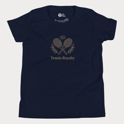 Kids’ T-shirt with elegant Tennis Royalty slogan and crossed racket crest design for girls who love tennis.
