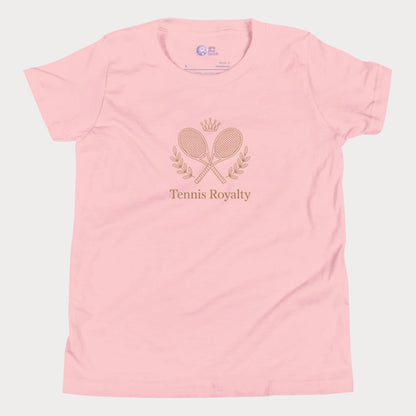 Kids’ T-shirt with elegant Tennis Royalty slogan and crossed racket crest design for girls who love tennis.