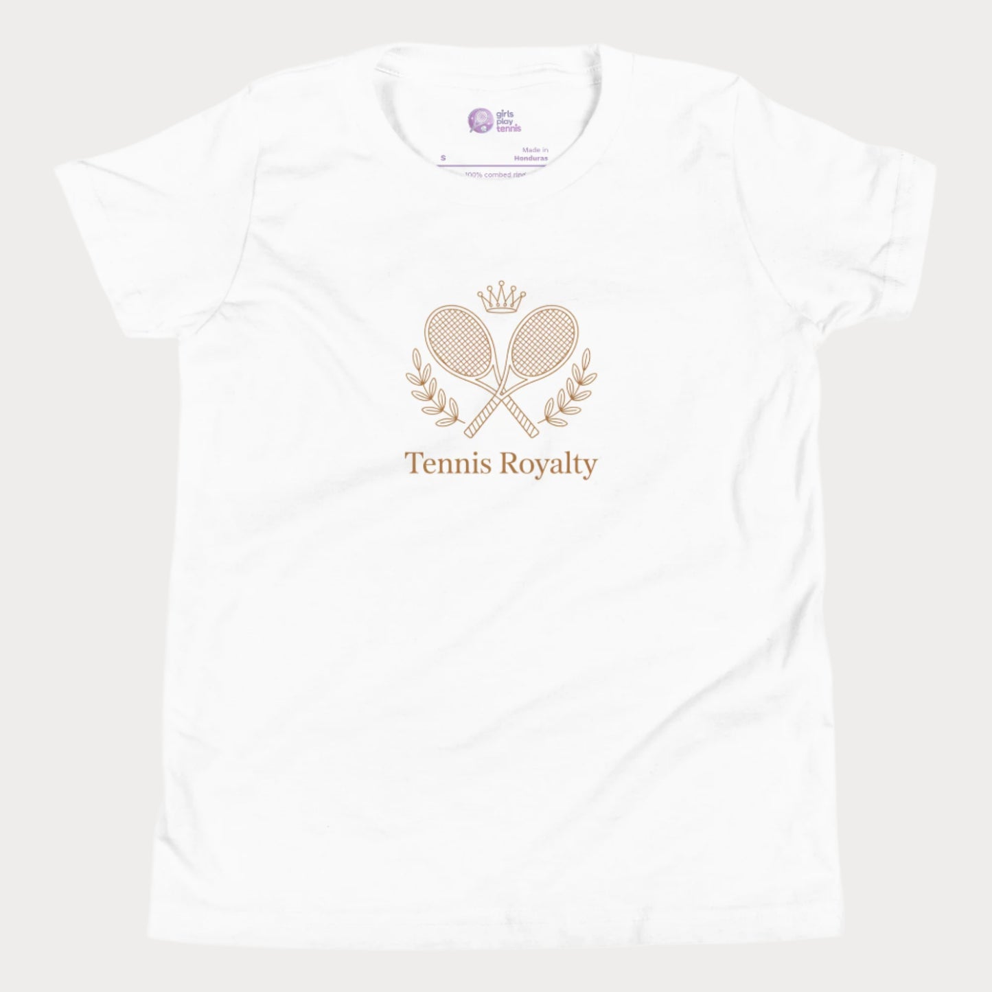 Kids’ T-shirt with elegant Tennis Royalty slogan and crossed racket crest design for girls who love tennis.