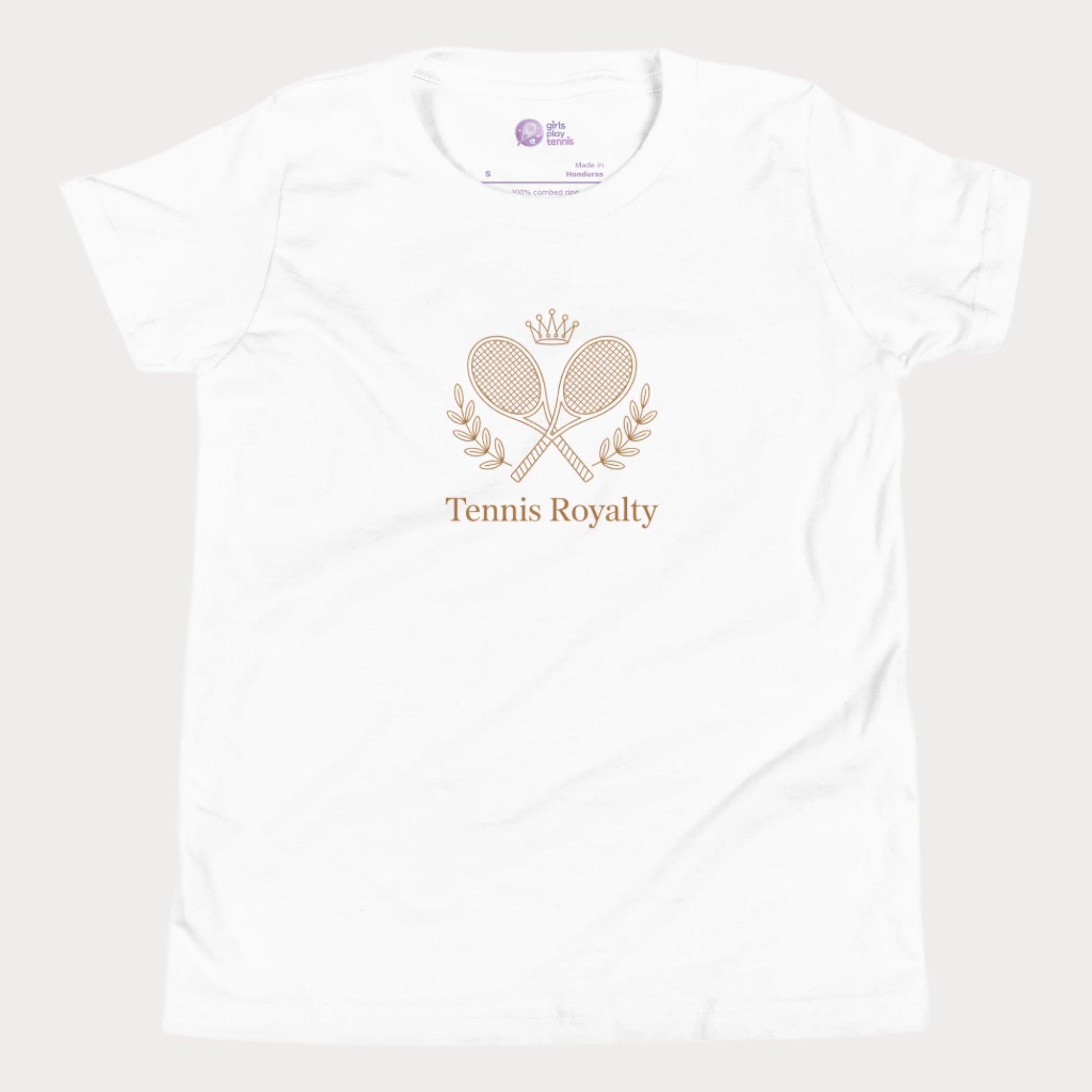 Kids’ T-shirt with elegant Tennis Royalty slogan and crossed racket crest design for girls who love tennis.