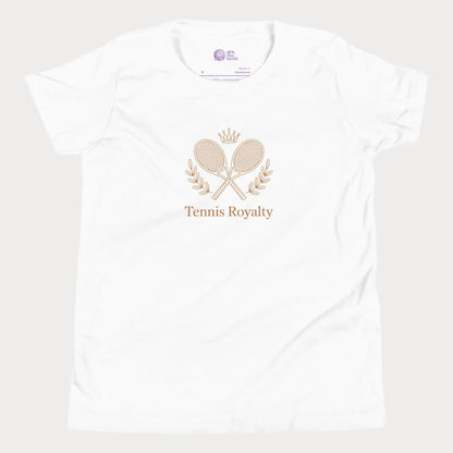 Kids’ T-shirt with elegant Tennis Royalty slogan and crossed racket crest design for girls who love tennis.