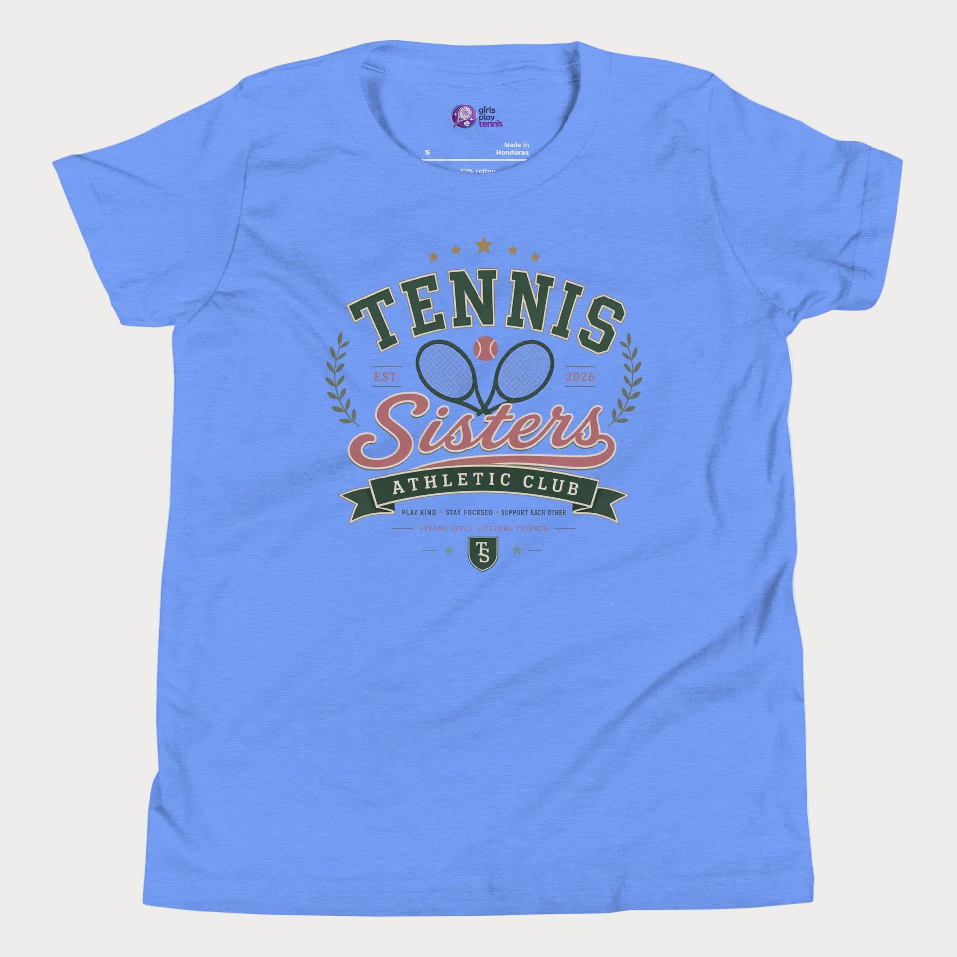Girls tennis lifestyle shirt with nostalgic collegiate tennis club artwork and varsity typography.