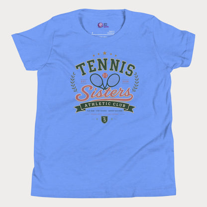 Girls tennis lifestyle shirt with nostalgic collegiate tennis club artwork and varsity typography.