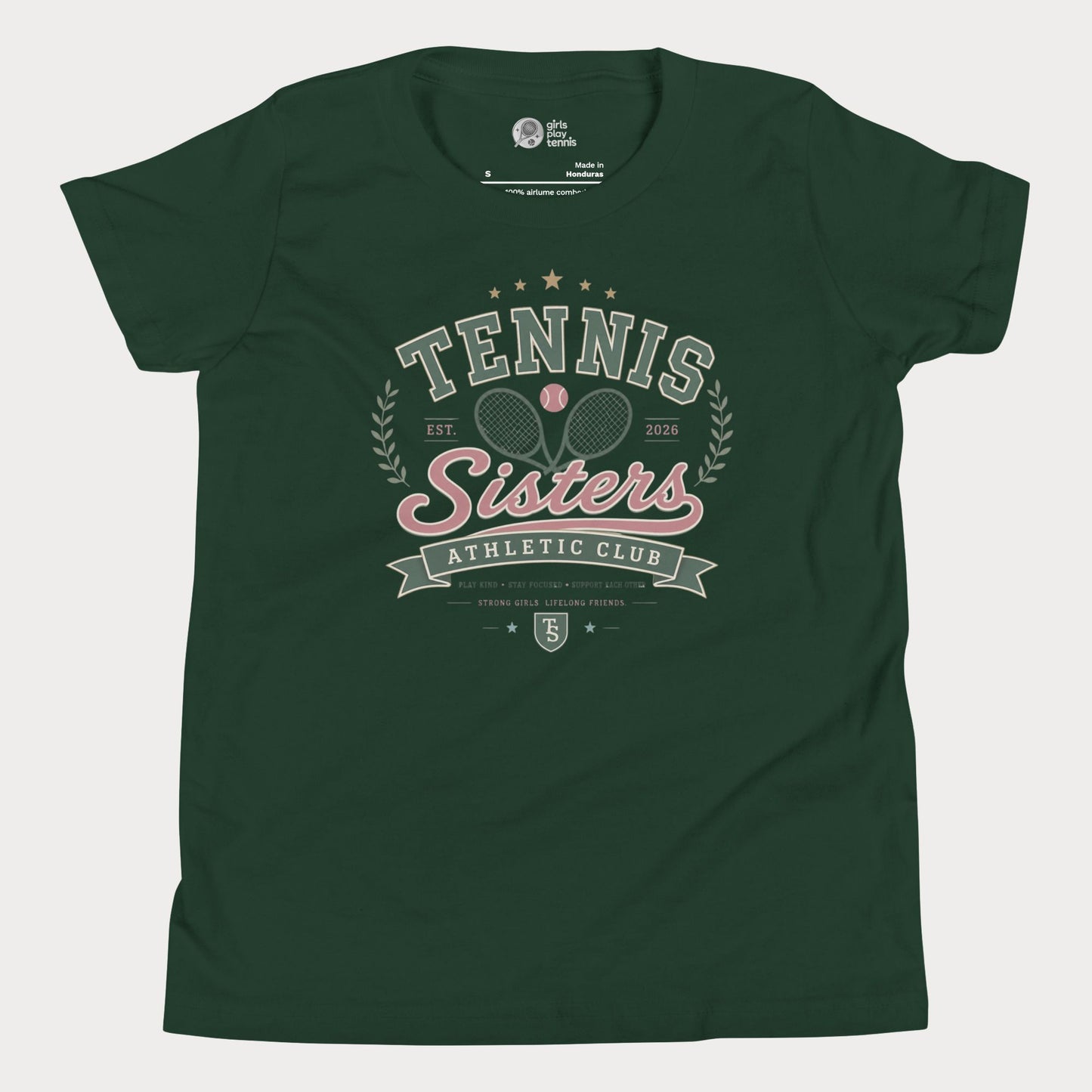 Green t-shirt with 'Tennis Sisters Athletic Club' design on a white background